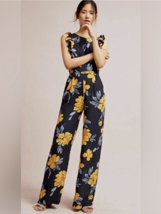 Paper Crown Pants - Anthropologie Paper Crown Floral  Ruffle Sleeveless Jumpsuit in Navy & Yellow